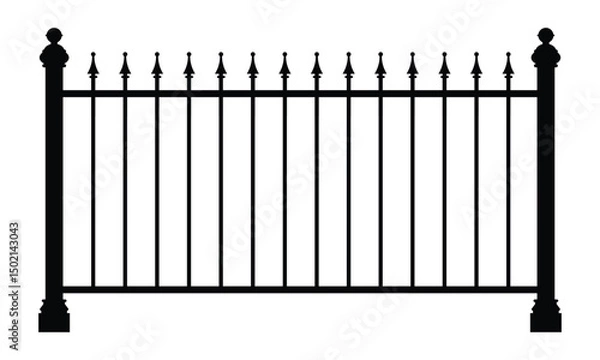 Fototapeta Black-and-white silhouette of a metal fence with spear-tipped finials on vertical bars, front view. Classic gothic design, emphasizing symmetry and security for dramatic or ornamental themes.