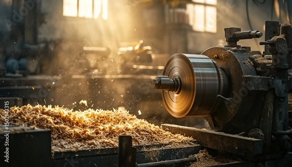 Fototapeta Vintage lathe in workshop illuminated by sunlight highlighting craftsmanship