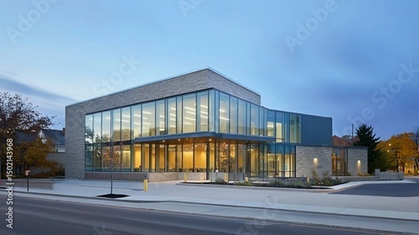 Fototapeta Exterior View of a Modern Library Building Featuring Glass Facade