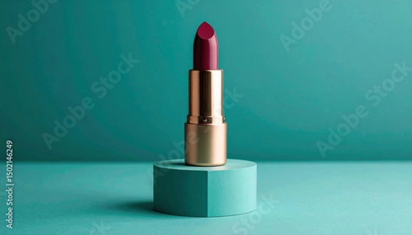 Obraz dark red lipstick in a gold packaging, resting on a cylindrical stand