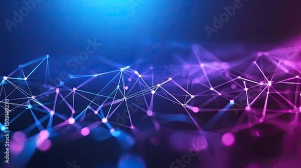 Obraz a digital rendering of a cybernetic environment, featuring interconnected points of light with a gradient color scheme, representing a network or internet like structure
