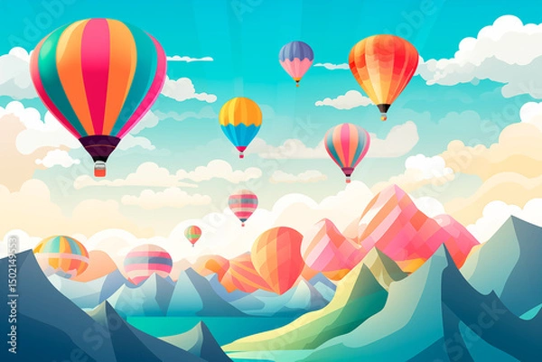 Obraz Illustration of multicolored balloons flying over mountains. Image created with AI