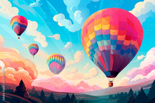 Obraz Illustration of a multicolored hot air balloon taking off over a landscape. Image created with AI