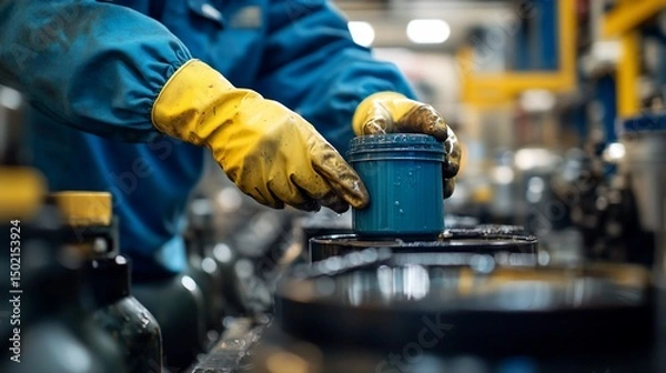 Fototapeta Worker checking a blue container in industrial production process, factory environment