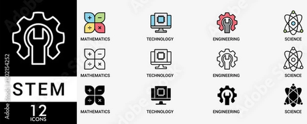 Fototapeta STEM icon set with various styles and colors of flask, microscope, AI, processor, machine, and calculator