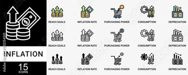 Fototapeta INFLATION icon set with various styles and colors of the price level, inflation rate, purchasing power, consumption, and depreciation