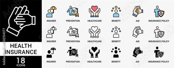 Fototapeta HEALTH INSURANCE  icon set with various styles and colors  of the insurer, prevention, insurance policy, benefit, aid, and healthcare simple line vector