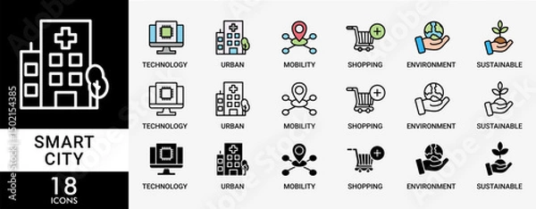 Fototapeta SMART CITY icon set with various styles and colors of technology, urban, connection, mobility, shopping, environment and sustainable
