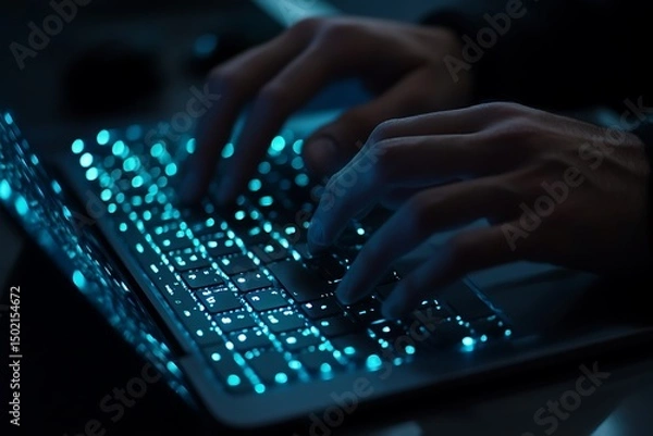 Fototapeta Woman typing on a laptop keyboard in an office setting