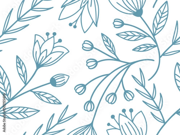 Fototapeta Seamless hand-drawn floral pattern with leaves and buds in soft teal line art. Ideal for elegant nature-inspired designs, fabric prints, and stationery. Clean botanical illustration style.