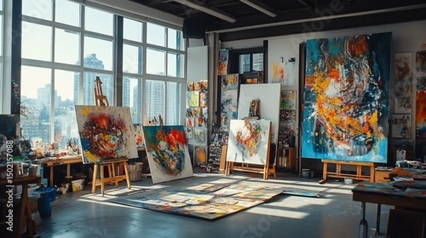 Fototapeta Bright and spacious artist's studio filled with vibrant abstract paintings on easels