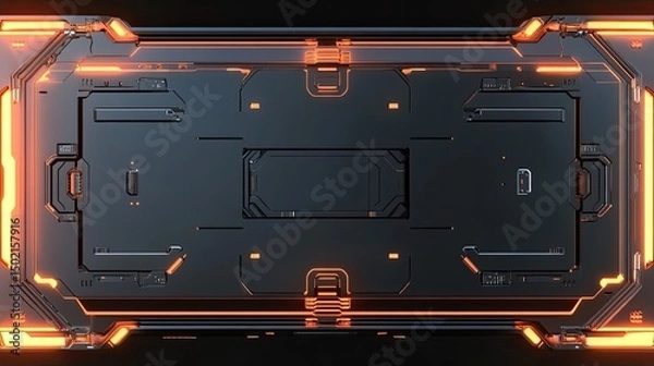 Fototapeta a digital rendering of a futuristic looking object resembling a spacecraft console or command center with an intricate geometric design in hues of orange, red, and black