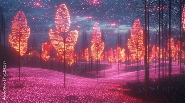 Fototapeta A Digital Forest Made of Glowing Leaves and Pink Powder Grows Under a Sky of Coded Constellations and Matrix Bloom