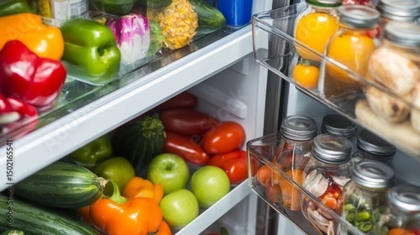 Fototapeta Fresh vegetables and fruits organized neatly in a refrigerator showcasing healthy food choices at home