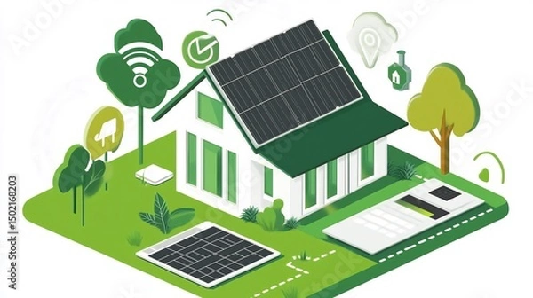 Fototapeta Flat vector energy grid model IoT nodes tracking consumption solar energy input and fault prediction