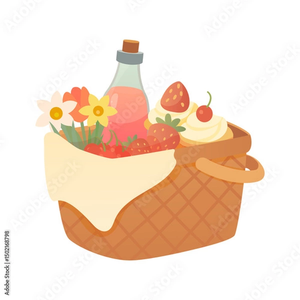 Fototapeta Picnic Basket Vector Illustration with Strawberries, Cupcakes, Juice Bottle, Flowers and Cream Topping on White Background