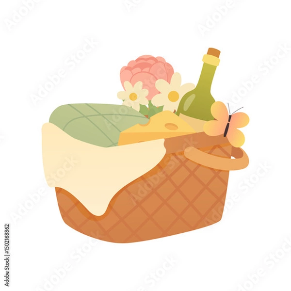 Fototapeta Vector Illustration of Picnic Basket with Wine Bottle, Cheese, Spring Flowers, Green Blanket, Cloth and Butterfly on White Background
