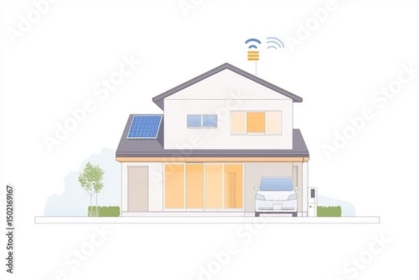 Fototapeta Flat vector image of IoT powered energy efficient housing units solar tracking consumption reports and automation
