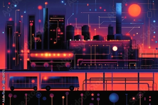 Obraz Flat vector illustration of IoT applications transportation logistics vehicle diagnostics and route planning
