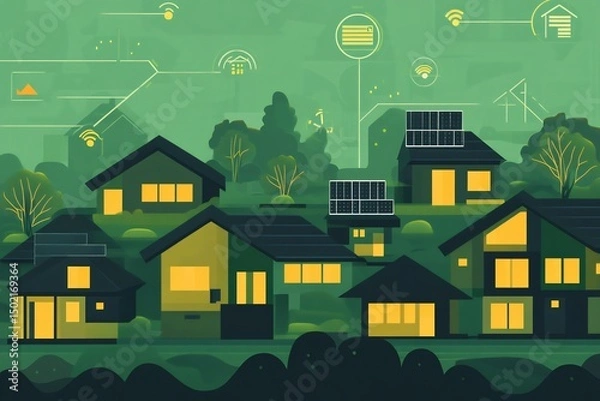 Obraz Flat vector image of IoT powered energy efficient housing units solar tracking consumption reports and automation