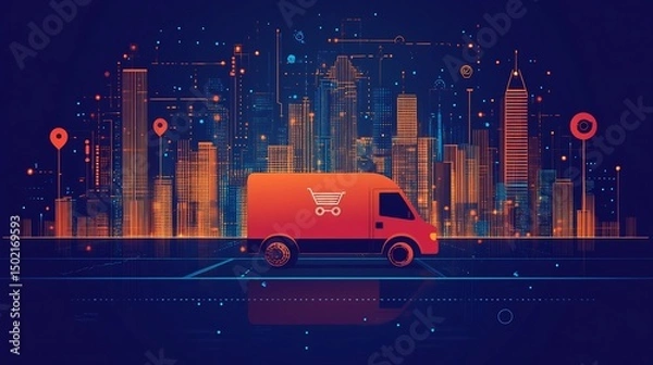 Obraz Flat vector model of IoT based fleet tracking system showing location analytics route optimization fuel usage reports
