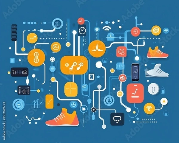 Fototapeta Flat vector of connected fitness ecosystem using IoT bands smart shoes and mobile integration for performance tracking