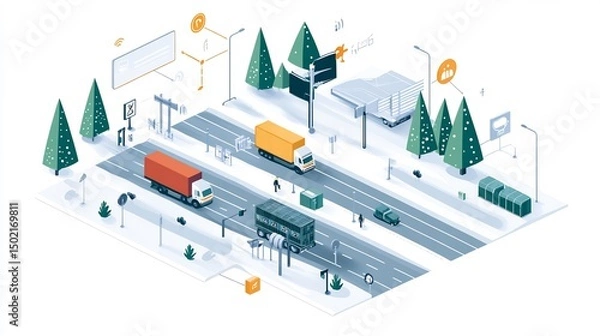 Obraz Flat vector of connected highway system with IoT based traffic lights accident alerts and vehicle tracking