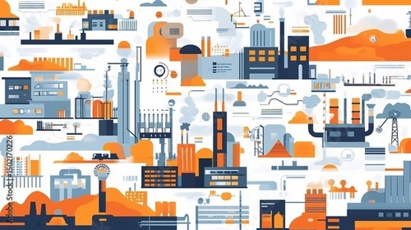 Fototapeta Flat vector of industrial IoT connected machines real time sensor dashboards and predictive analytics