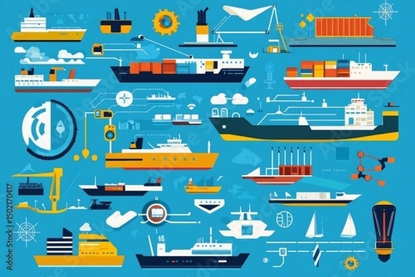 Obraz Flat vector of IoT marine transportation with cargo sensors route optimization and fuel monitoring systems
