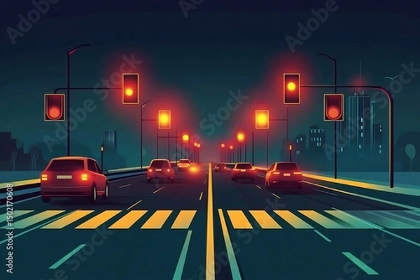 Fototapeta Flat vector of IoT traffic system using smart traffic lights congestion sensors real time monitoring