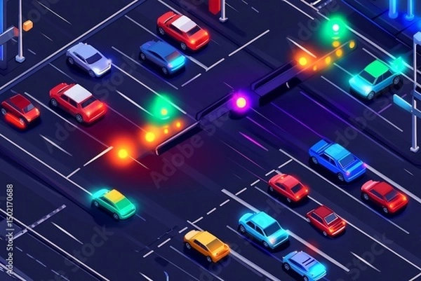 Obraz Flat vector of IoT traffic system using smart traffic lights congestion sensors real time monitoring