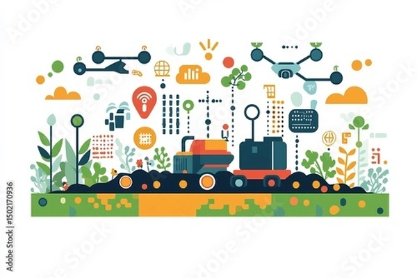 Fototapeta Flat vector of IoT powered agriculture automated irrigation soil sensors and drone monitoring systems