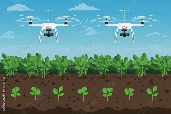 Obraz Flat vector of IoT powered agriculture automated irrigation soil sensors and drone monitoring systems