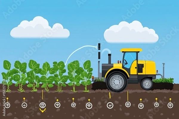 Obraz Flat vector of smart agriculture using IoT sensors irrigation soil monitoring and weather predictions