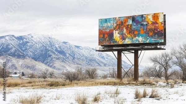 Obraz Vibrant billboard art in a snowy landscape with mountains, blending creativity with nature's serene winter backdrop