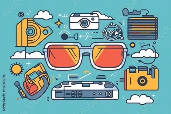 Obraz Flat vector of wearable tech ecosystem IoT based glasses rings and clothing syncing to the cloud