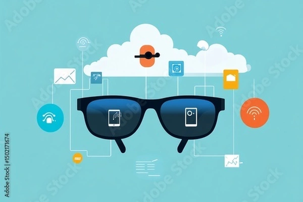 Obraz Flat vector of wearable tech ecosystem IoT based glasses rings and clothing syncing to the cloud