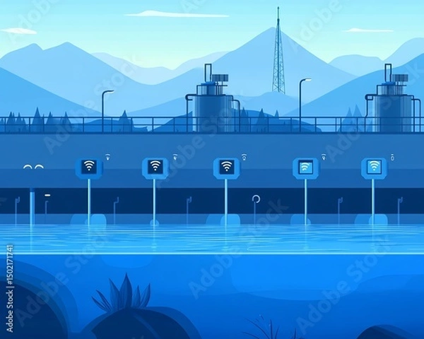 Fototapeta Flat vector representation of IoT water management with real time leakage detection and consumption monitoring