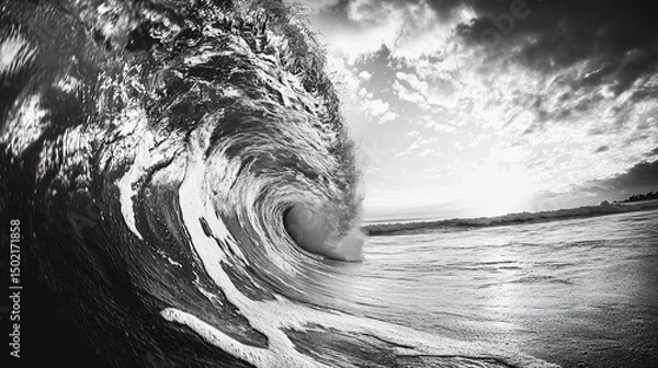 Obraz Monochrome Marvel, Capturing the Raw Power and Serenity of a Crashing Wave