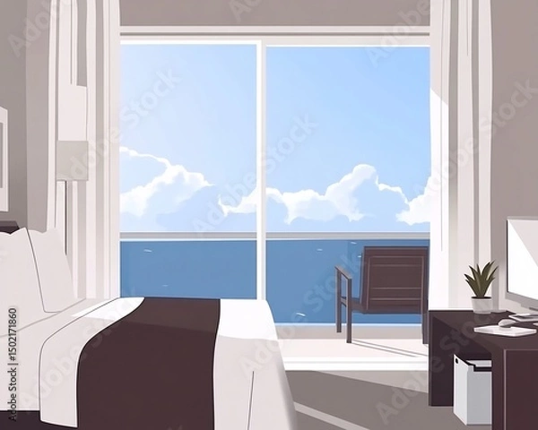 Obraz Flat vector scene of smart hotel room featuring IoT controlled lighting voice assistants and automated service requests