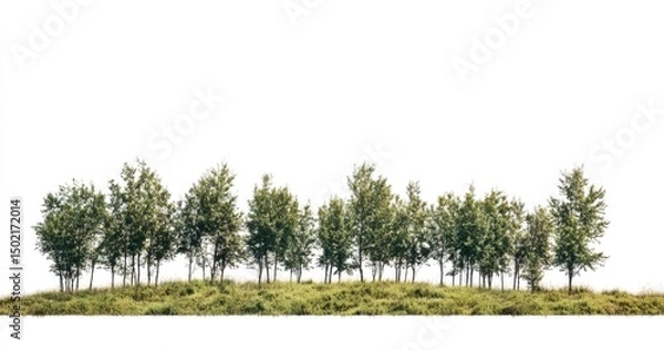 Fototapeta Row of trees on a grassy hill against a white background. Lush green foliage and grass cover a slight incline, creating a horizontal line of trees