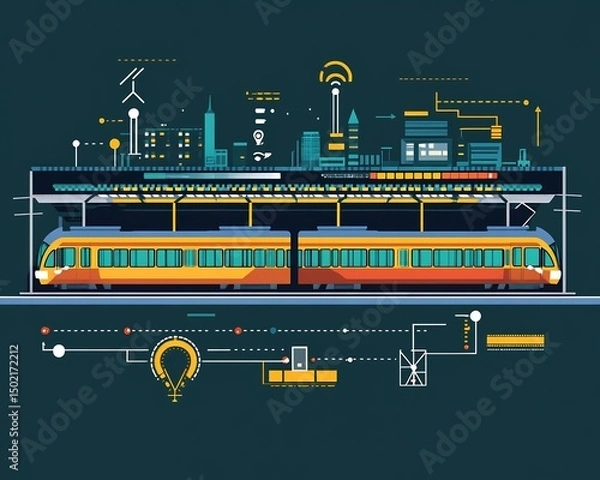 Obraz Flat vector showing IoT public transportation with smart ticketing GPS tracking and live arrival updates