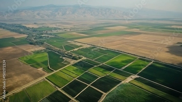 Obraz Aerial View of California Farmlands with Mountain Backdrop Scenery