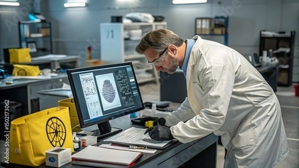 Fototapeta Man in lab coat analyzing fingerprint on computer screen closely