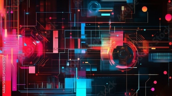 Obraz Vibrant Digital Circuitry, An Abstract Depiction of Technological Connectivity and Data Flow