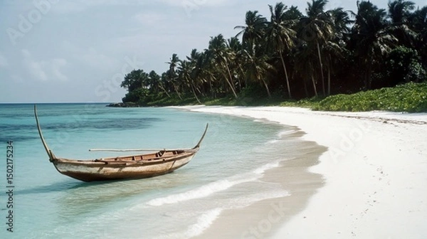 Obraz Serene Tropical Beach Scene with Traditional Boat and Palm Trees
