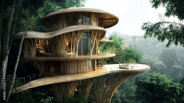 Obraz Enchanting bamboo treehouse nestled amidst the lush greenery of a tropical forest