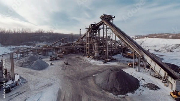 Obraz Aerial View of a Snowy Quarry Landscape with Industrial Mining Equipment