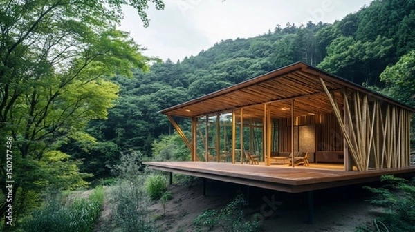 Obraz Serene Forest Retreat, Modern Architectural Marvel Nestled in Lush Greenery