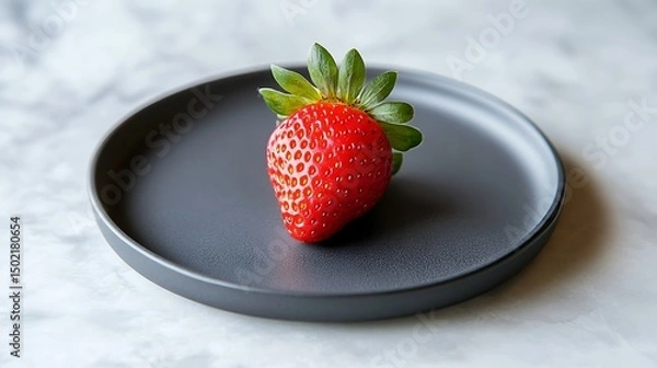 Fototapeta A single strawberry on a dark plate against a marble background
